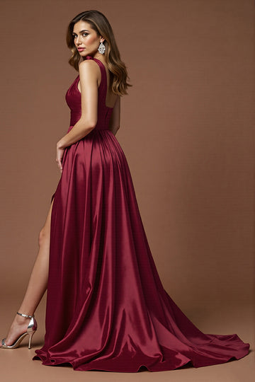 One Shoulder Burgundy A Line Long Prom Dress With Slit